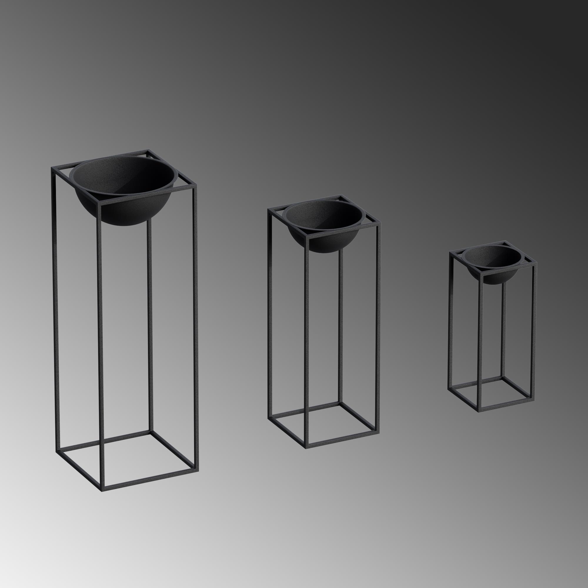 Dekoratif Siyah,Metal Saksılık 3lü Set Modern Ayaklı Siyah Çiçeklik Mumluk Kaktüs Standı,GED-019