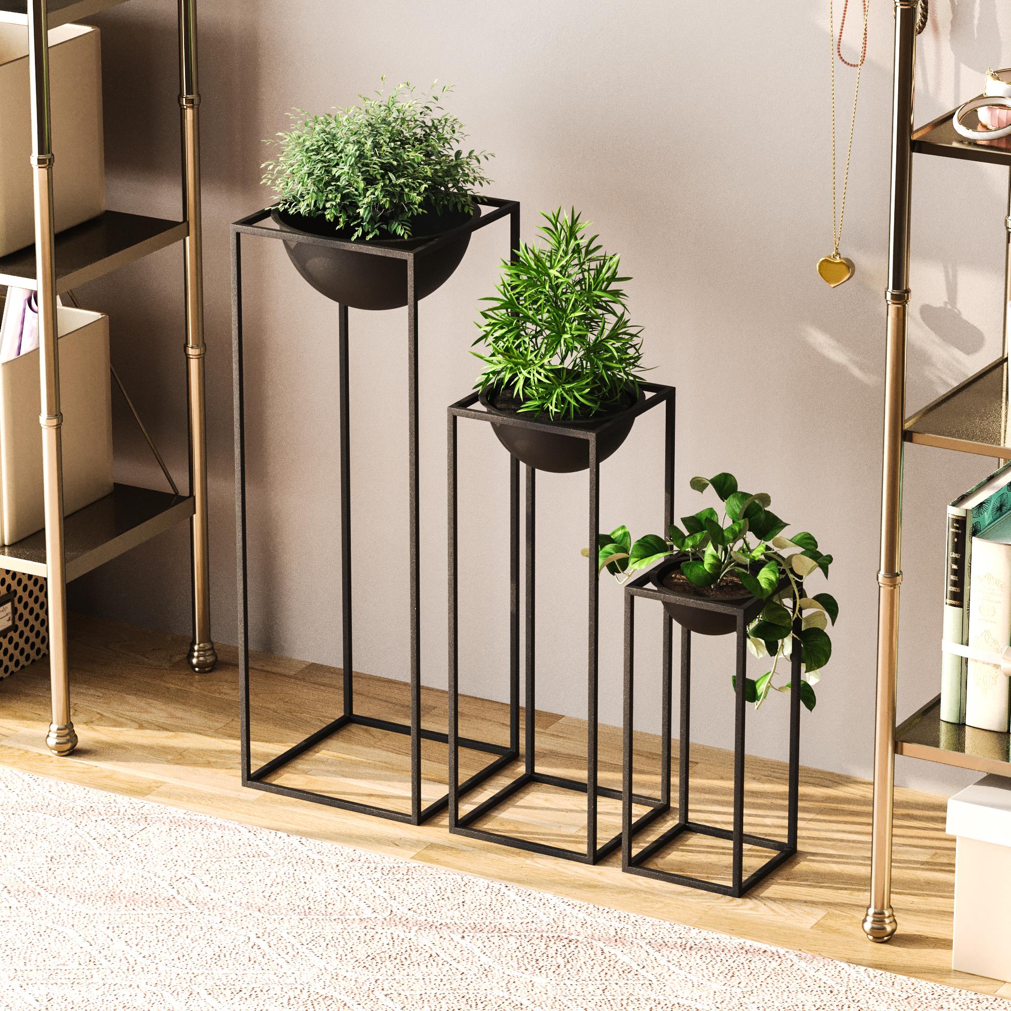 Dekoratif Siyah,Metal Saksılık 3lü Set Modern Ayaklı Siyah Çiçeklik Mumluk Kaktüs Standı,GED-019