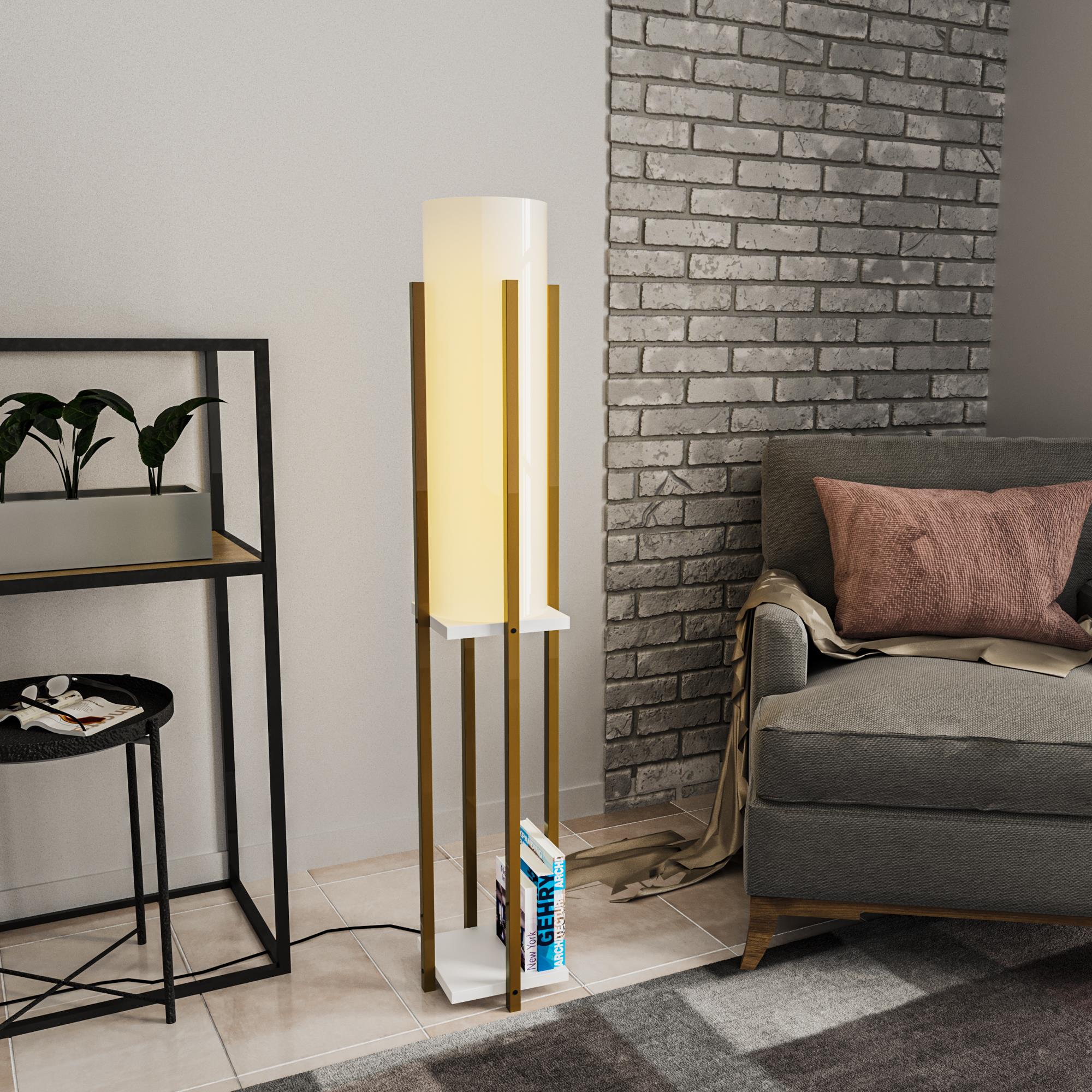 Abajur Başlıklı Raflı Lambader Parlak Gold Beyaz Shelflamp-8133