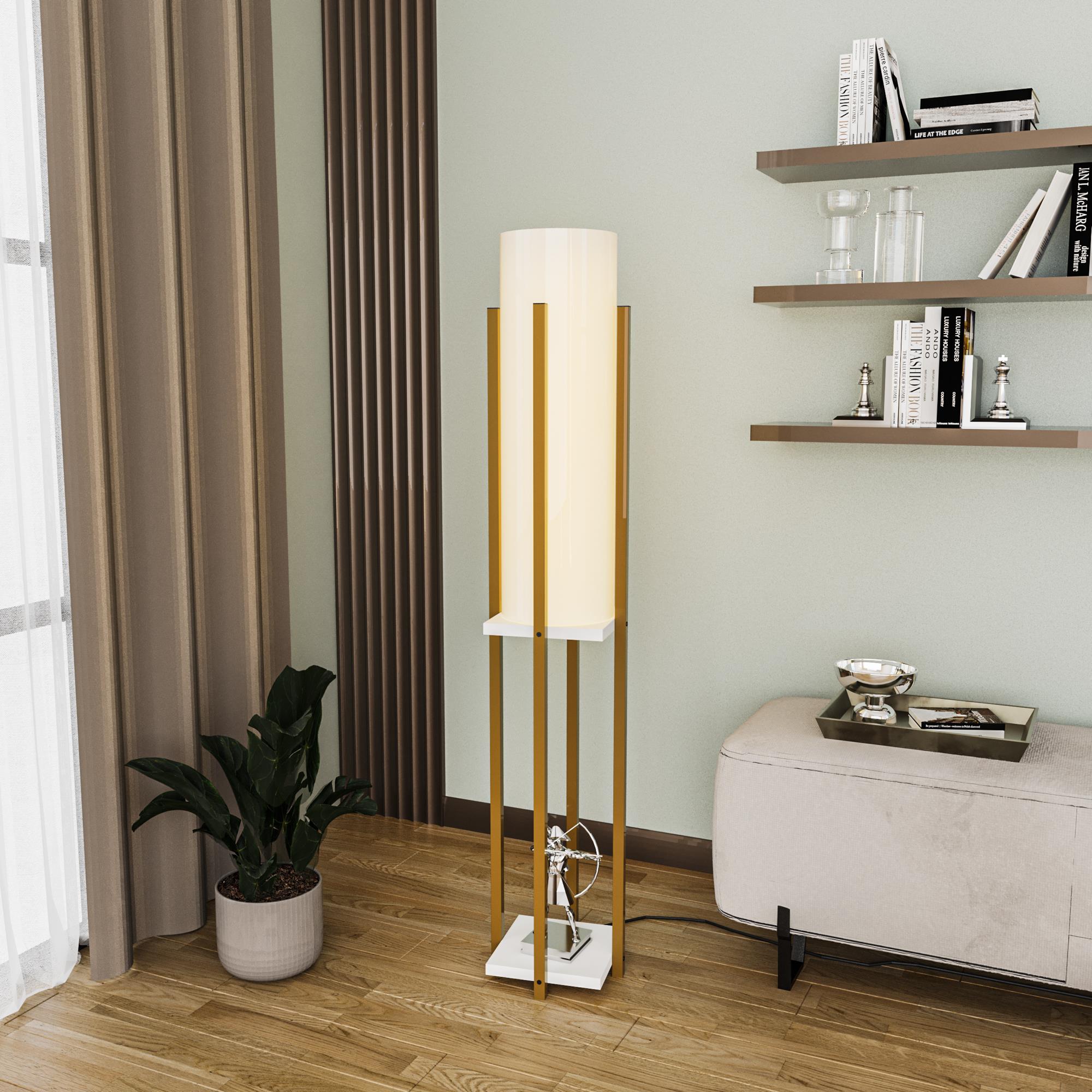 Abajur Başlıklı Raflı Lambader Parlak Gold Beyaz Shelflamp-8133