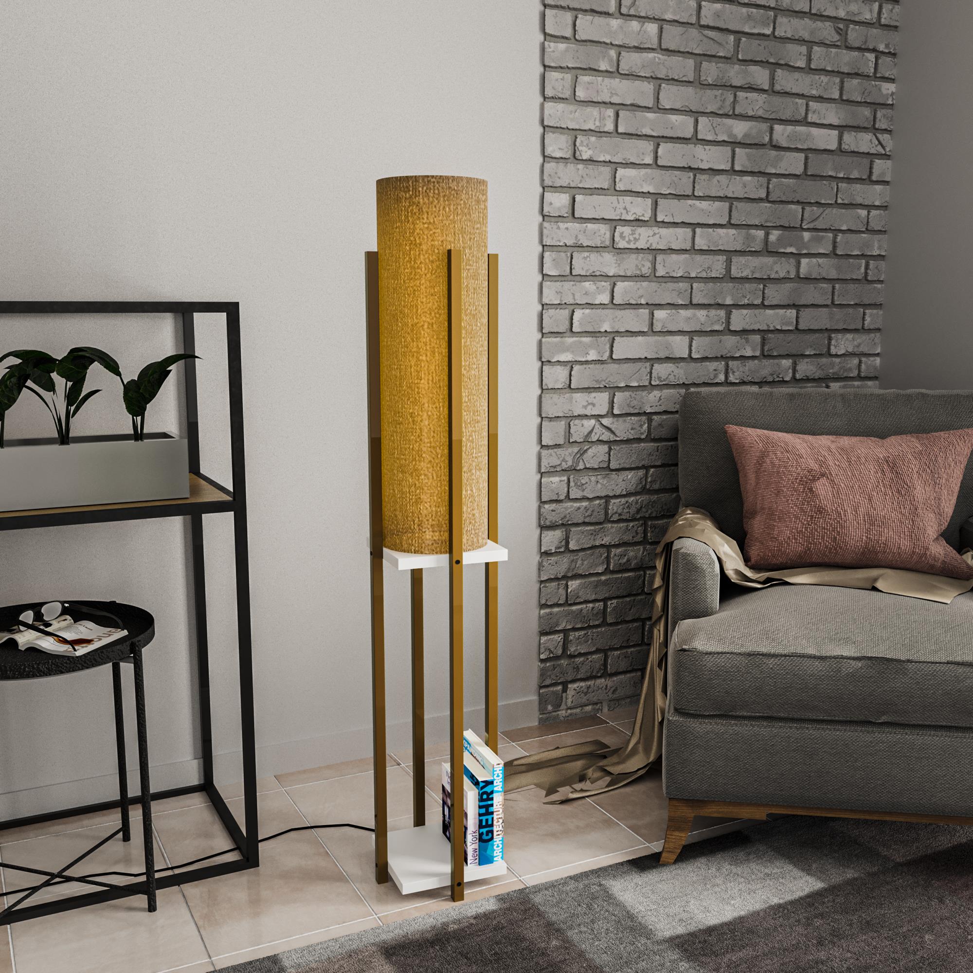 Abajur Başlıklı Raflı Lambader Parlak Gold Beyaz Shelflamp-8134