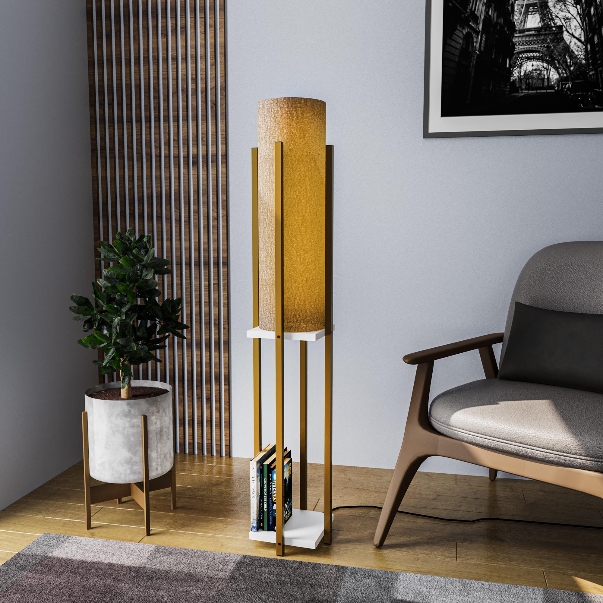 Abajur Başlıklı Raflı Lambader Parlak Gold Beyaz Shelflamp-8134