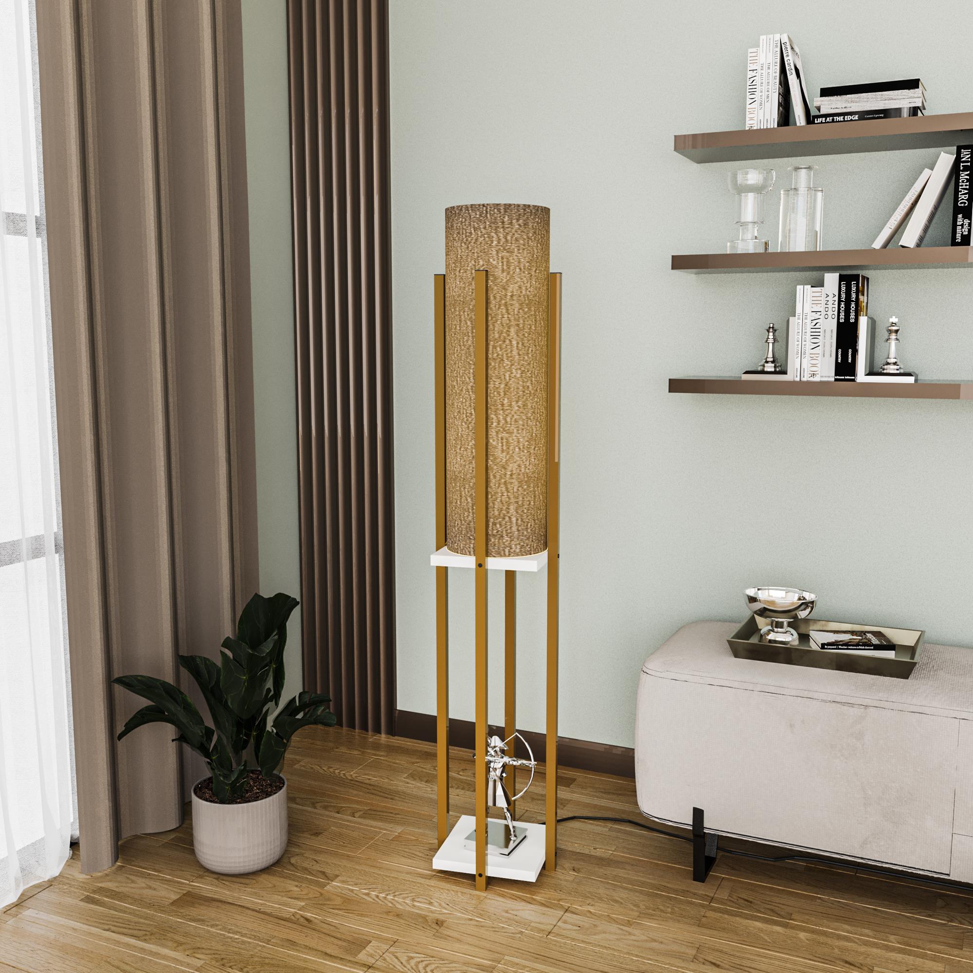 Abajur Başlıklı Raflı Lambader Parlak Gold Beyaz Shelflamp-8134