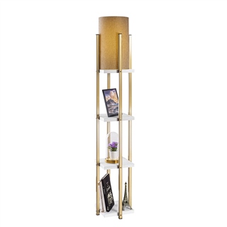 Abajur Başlıklı Raflı Lambader Parlak Gold Beyaz Shelflamp-7120