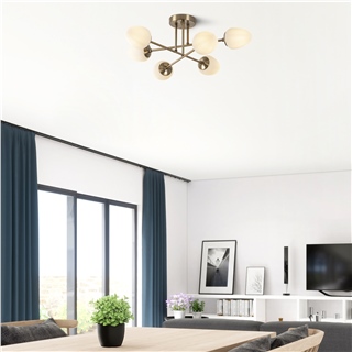 Eskitme Altın 6lı Plafonyer Avize Modern Camlı Salon E14 Duylu,CAMFLO-10390