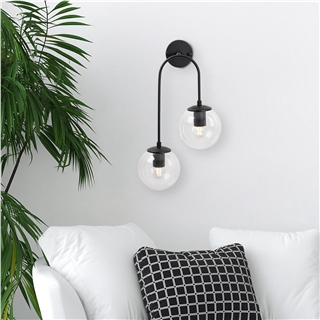 Modern Siyah,2Li Aplik Şeffaf Cam Küre E14 Duy Salon Yatak Başı Antre Duvar Lambası,JEWEL-10570