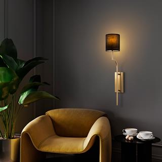 Lumora Modern Silindir Kumaş Abajur Aplik Siyah Gold Gövde, Lüks Duvar Lambası LUMORA-15336