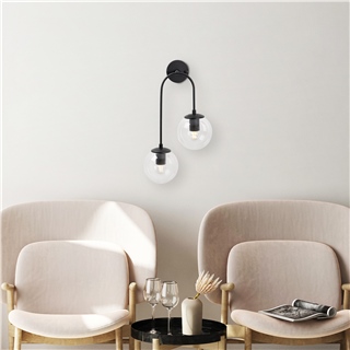 Modern Siyah,2Li Aplik Şeffaf Cam Küre E14 Duy Salon Yatak Başı Antre Duvar Lambası,JEWEL-10570
