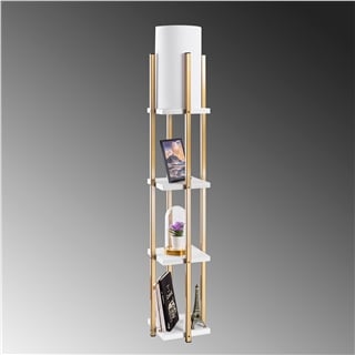 Abajur Başlıklı Raflı Lambader Parlak Gold Beyaz Shelflamp-7119