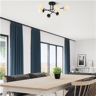 Siyah 6lı Plafonyer Avize Beyaz Camlı Modern Yemek masası E14 duylu,CAMFLO-10400