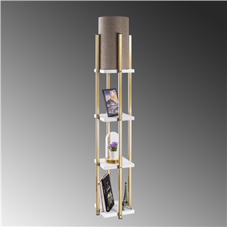 Abajur Başlıklı Raflı Lambader Parlak Gold Beyaz Shelflamp-7120