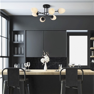 Siyah 6lı Plafonyer Avize Beyaz Camlı Modern Yemek masası E14 duylu,CAMFLO-10400
