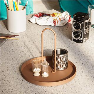 Bakır Dekoratif Metal Yuvarlak Kulplu Sunum Tepsisi Banyo Mutfak Düzenleyici Organizer,GED-003-A