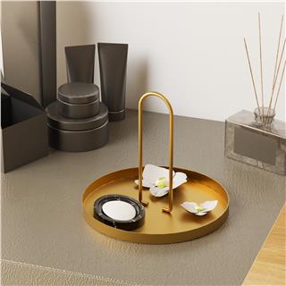 Altın Dekoratif Metal Yuvarlak Kulplu Sunum Tepsisi Banyo Mutfak Düzenleyici Organizer,GED-003-B