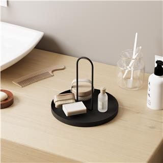 Siyah Dekoratif Metal Yuvarlak Kulplu Sunum Tepsisi Banyo Mutfak Düzenleyici Organizer,GED-003
