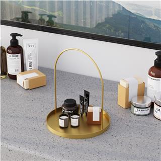 Altın Gold Dekoratif Metal Kulplu Yuvarlak Sunum Tepsisi Çok Amaçlı Mumluk Banyo Organizer,GED-005-B