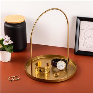 Altın Gold Dekoratif Metal Kulplu Yuvarlak Sunum Tepsisi Çok Amaçlı Mumluk Banyo Organizer,GED-005-B