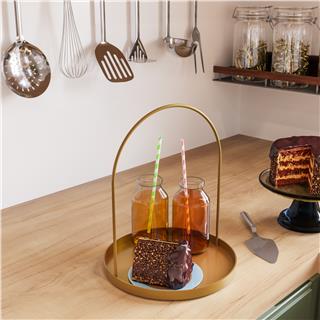 Altın Gold Dekoratif Metal Kulplu Yuvarlak Sunum Tepsisi Çok Amaçlı Mumluk Banyo Organizer,GED-005-B