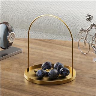 Altın Gold Dekoratif Metal Kulplu Yuvarlak Sunum Tepsisi Çok Amaçlı Mumluk Banyo Organizer,GED-005-B
