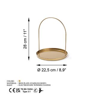 Altın Gold Dekoratif Metal Kulplu Yuvarlak Sunum Tepsisi Çok Amaçlı Mumluk Banyo Organizer,GED-005-B