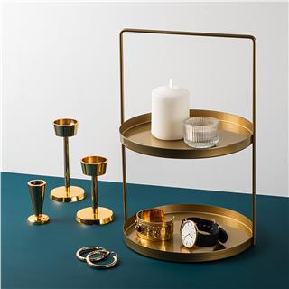 Altın Gold Dekoratif Metal 2 Katlı Kulplu Sunum Tepsisi Mutfak Banyo Düzenleyici Organizer,GED-006-B