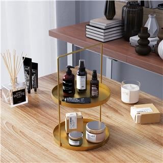 Altın Gold Dekoratif Metal 2 Katlı Kulplu Sunum Tepsisi Mutfak Banyo Düzenleyici Organizer,GED-006-B