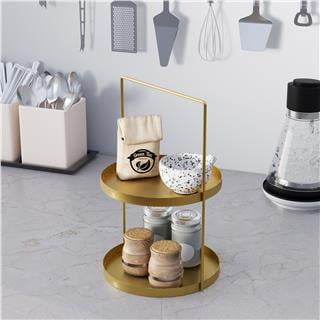 Altın Gold Dekoratif Metal 2 Katlı Kulplu Sunum Tepsisi Mutfak Banyo Düzenleyici Organizer,GED-006-B
