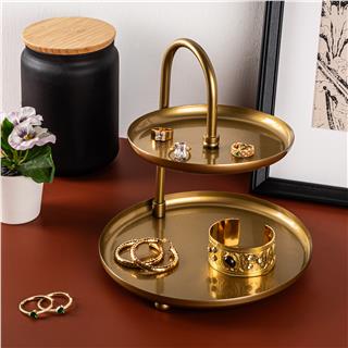 Dekoratif Altın Metal 2 Katlı Yuvarlak Sunum Tepsisi Takı Standı Banyo Mutfak Düzenleyici,GED-009-B
