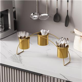 Dekoratif Gold Metal 3lü Kaşıklık Saksı Kalemlik Standı Mutfak Ofis Çok Amaçlı Organizer,GED-012