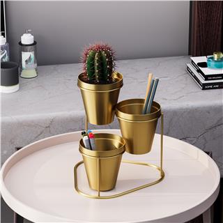 Dekoratif Altın Metal 3lü Saksılık Kalemlik Standı Masa Üstü Ofis Düzenleyici Organizer,GED-014-B
