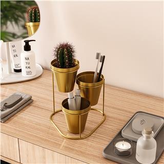 Dekoratif Altın Metal 3lü Saksılık Kalemlik Standı Masa Üstü Ofis Düzenleyici Organizer,GED-014-B
