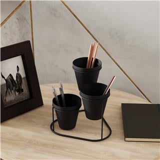 Dekoratif Siyah Metal 3lü Saksılık Kalemlik Standı Masa Üstü Ofis Düzenleyici Organizer,GED-014