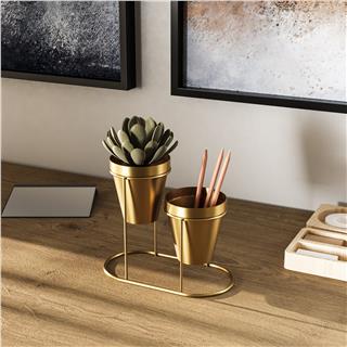 Dekoratif Gold Metal Masaüstü Kalemlik Saksılık 2li Organizer Ofis Makyaj Fırçalık,GED-015