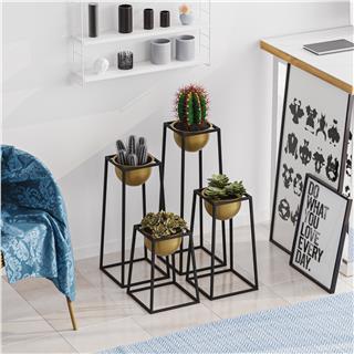 Dekoratif Siyah Gold,Metal Saksılık 4lü Set Modern Ayaklı Siyah Çiçeklik Kaktüs Standı,GED-018-A