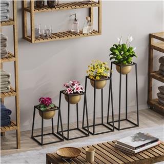 Dekoratif Siyah Gold,Metal Saksılık 4lü Set Modern Ayaklı Siyah Çiçeklik Kaktüs Standı,GED-018-A