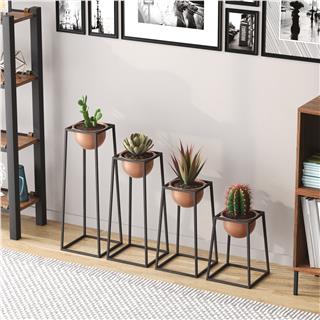 Dekoratif Siyah Bakır,Metal Saksılık 4lü Set Modern Ayaklı Siyah Çiçeklik Kaktüs Standı,GED-018-B