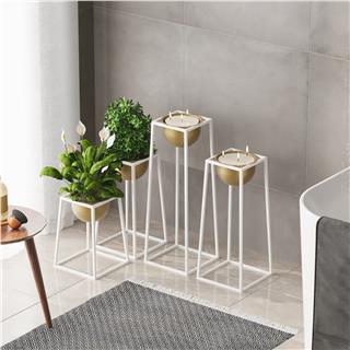 Dekoratif Beyaz Gold,Metal Saksılık 4lü Set Modern Ayaklı Beyaz Çiçeklik Kaktüs Standı,GED-018-C