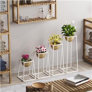 Dekoratif Beyaz Gold,Metal Saksılık 4lü Set Modern Ayaklı Beyaz Çiçeklik Kaktüs Standı,GED-018-C