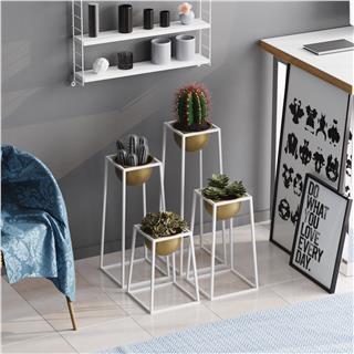 Dekoratif Beyaz Gold,Metal Saksılık 4lü Set Modern Ayaklı Beyaz Çiçeklik Kaktüs Standı,GED-018-C