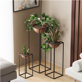 Dekoratif Siyah Bakır,Metal Saksılık 3lü Set Modern Ayaklı Siyah Çiçeklik Mumluk Standı,GED-019-B