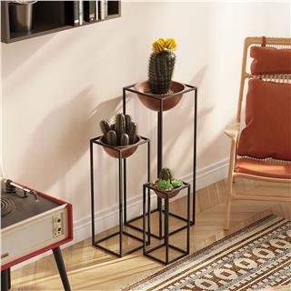 Dekoratif Siyah Bakır,Metal Saksılık 3lü Set Modern Ayaklı Siyah Çiçeklik Mumluk Standı,GED-019-B