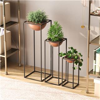 Dekoratif Siyah Bakır,Metal Saksılık 3lü Set Modern Ayaklı Siyah Çiçeklik Mumluk Standı,GED-019-B