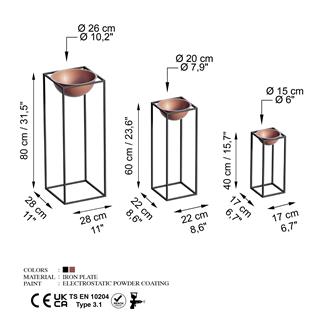 Dekoratif Siyah Bakır,Metal Saksılık 3lü Set Modern Ayaklı Siyah Çiçeklik Mumluk Standı,GED-019-B