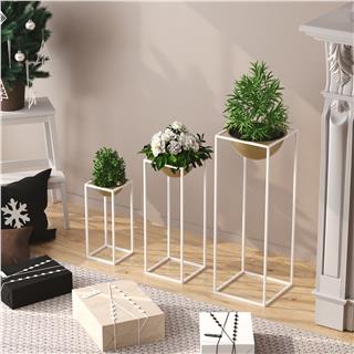 Dekoratif Siyah Bakır,Metal Saksılık 3lü Set Modern Ayaklı Beyaz Çiçeklik Mumluk Standı,GED-019-C
