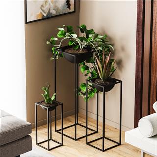 Dekoratif Siyah,Metal Saksılık 3lü Set Modern Ayaklı Siyah Çiçeklik Mumluk Kaktüs Standı,GED-019