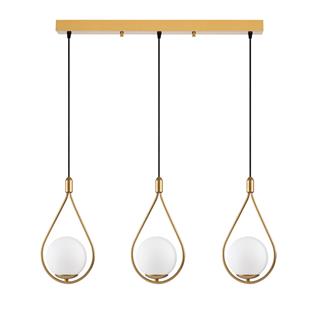 3lü Sıralı Damla Avize Altın Metal,Beyaz Glop Camlı Yemek Masası Mutfak,MUDONI-MR-939-1