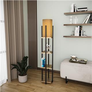 Abajur Başlıklı Raflı Lambader Pütürlü Siyah Parlak Gold | Shelflamp-8116