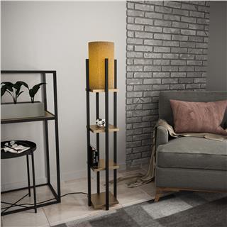 Abajur Başlıklı Raflı Lambader Pütürlü Siyah Parlak Gold | Shelflamp-8116