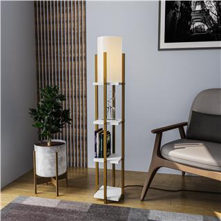 Abajur Başlıklı Raflı Lambader Parlak Gold Beyaz Shelflamp-8119
