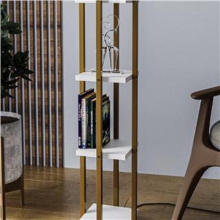 Abajur Başlıklı Raflı Lambader Parlak Gold Beyaz Shelflamp-8119